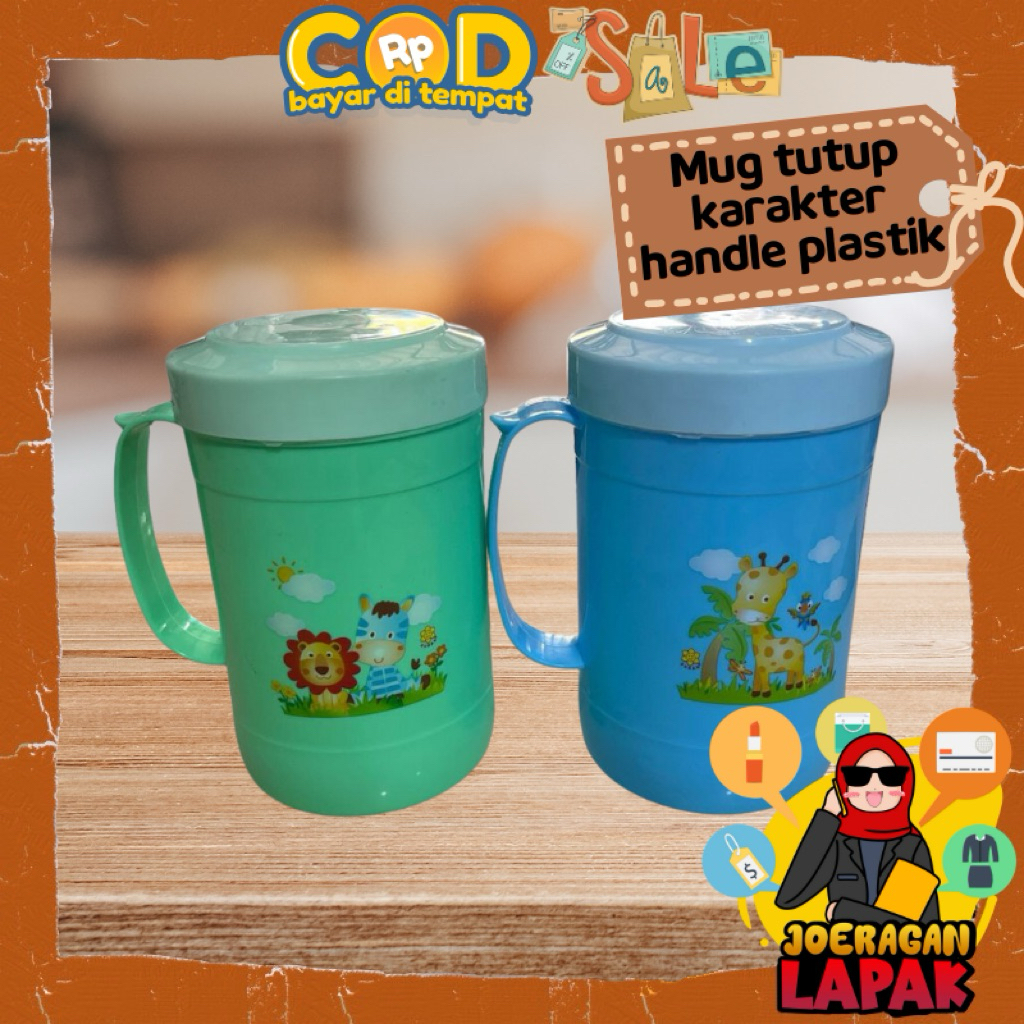 [JOERAGAN LAPAK] MUG DENGAN TUTUP DAN HANDLE KARAKTER GELAS CANGKIR PLASTIK TEMPAT WADAH MINUM EXCEL
