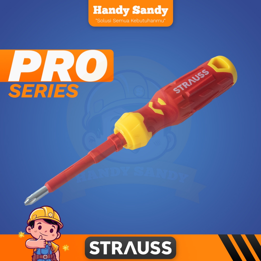 STRAUSS Obeng 2in1 Bolak-Balik Elektrik Lapis Karet Ergonomis | Kepala (+) dan (-) Anti Arus Listrik