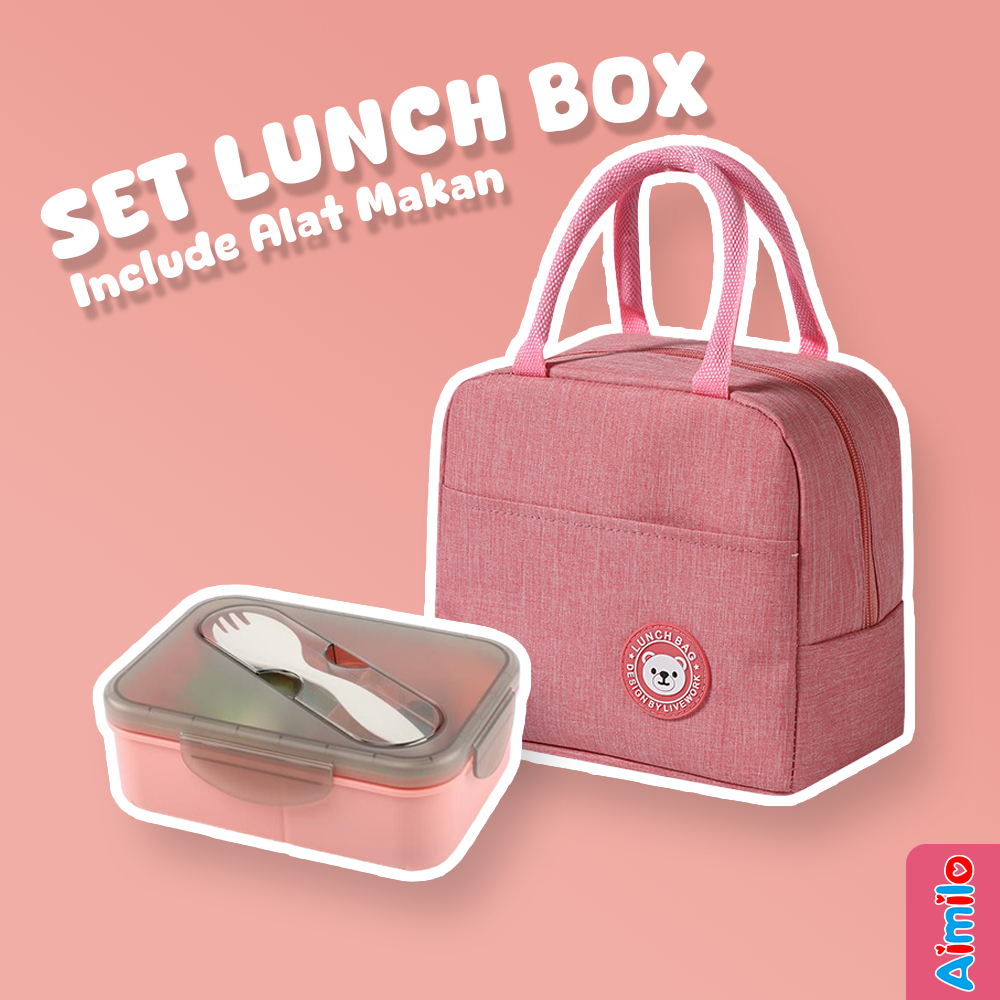Lunch Box Set FREE Alat Makan - Set Kotak Bekal Tas Bekal Makan Siang 1200ml Ukuran Jumbo