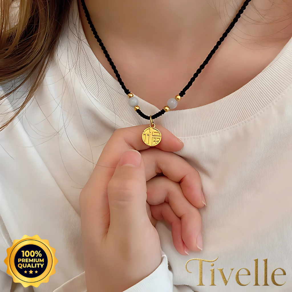 [ BISA COD ]  Tivelle Jewelry GOLDEN HARMONY Necklace | Kalung Tali Hitam Liontin Bulat Emas & Mutia