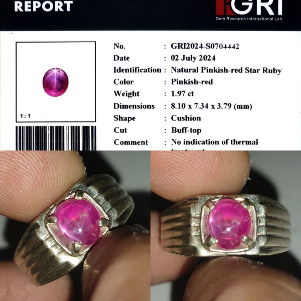Natural Pinkish Red Star Ruby Burma No Heated Almost 2ct GRI Top Crystall Full Luster Material Super