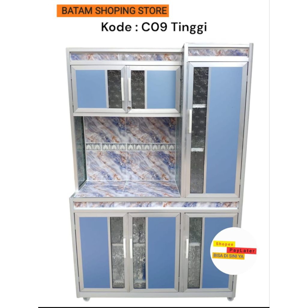 LEMARI RAK PIRING KACA ALUMINIUM 3 PINTU MOTIF