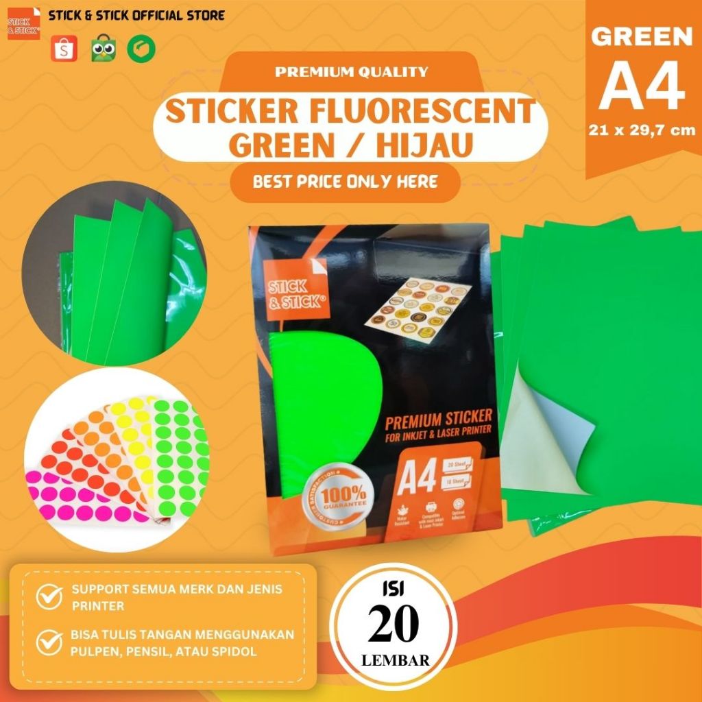 

Sticker Fluorescent Green 70 gsm A4 20 Lbr / Stiker peringatan, Warna lebih nyala, stiker branding