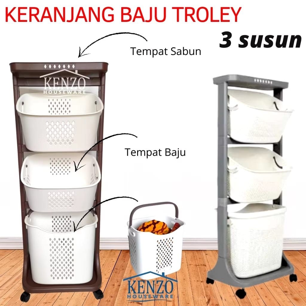 RAK Laundry 3 susun tingkat keranjang kain kotor besar