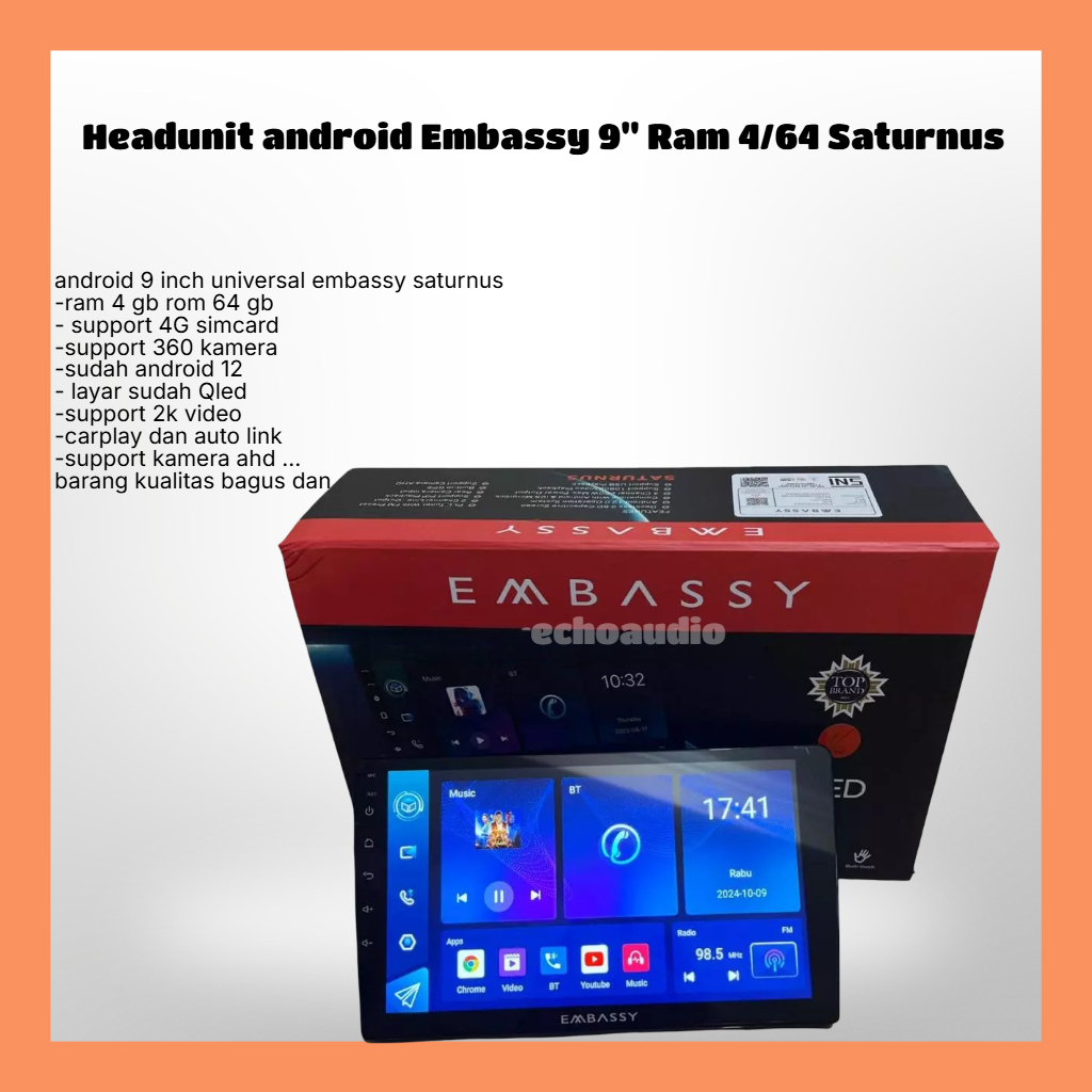 Headunit android Embassy 9" Ram 4/64 Saturnus