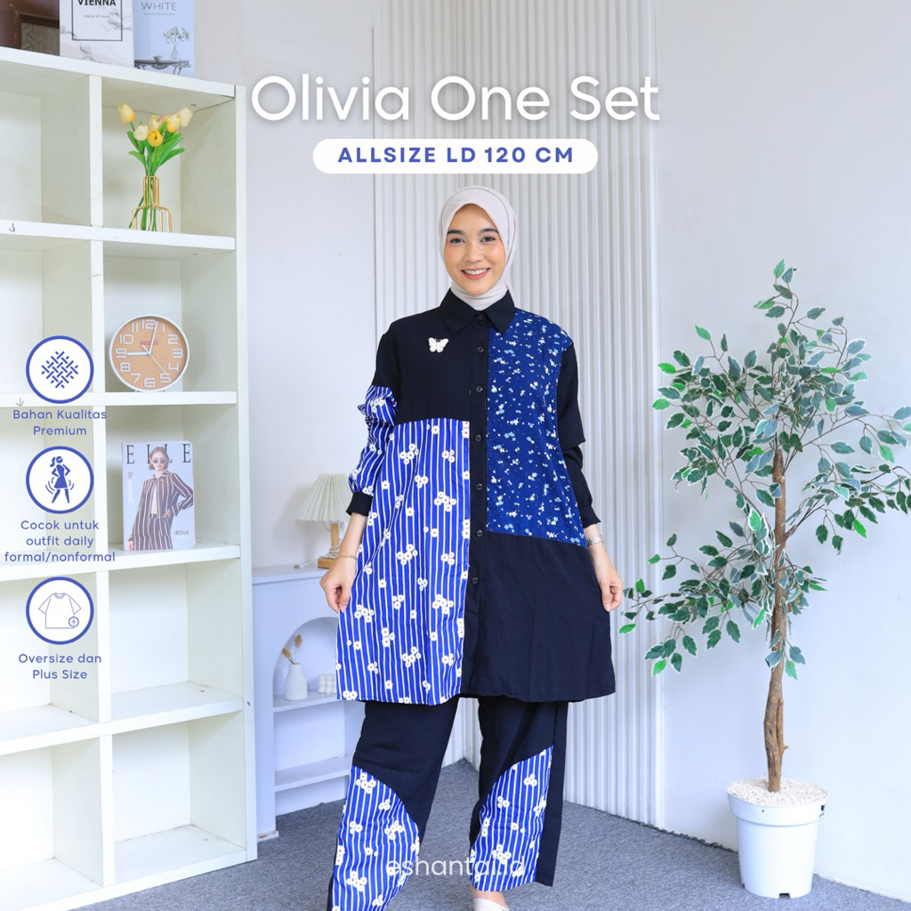 Eshantai Big Size Olivia Strip Salur One Set LD 120 125 Tunik | Setelan Celana Jumbo Wanita Bahan Co