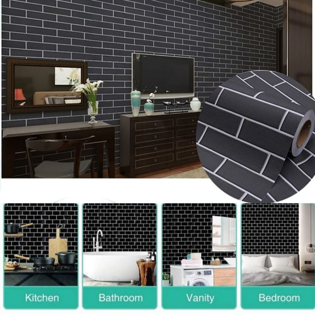 Wallpaper Sticker Dinding Kamar Motif Bata Hitam Bahan PVC Premium Anti Noda & Air.Wallpaper Sticker