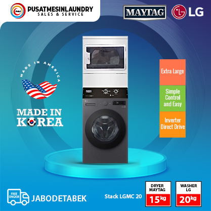 Stack Washer LG 20 Kg & Dryer Maytag 15 Kg MDG20 Tipe Gas, Mesin Laundry Stack Non Coin