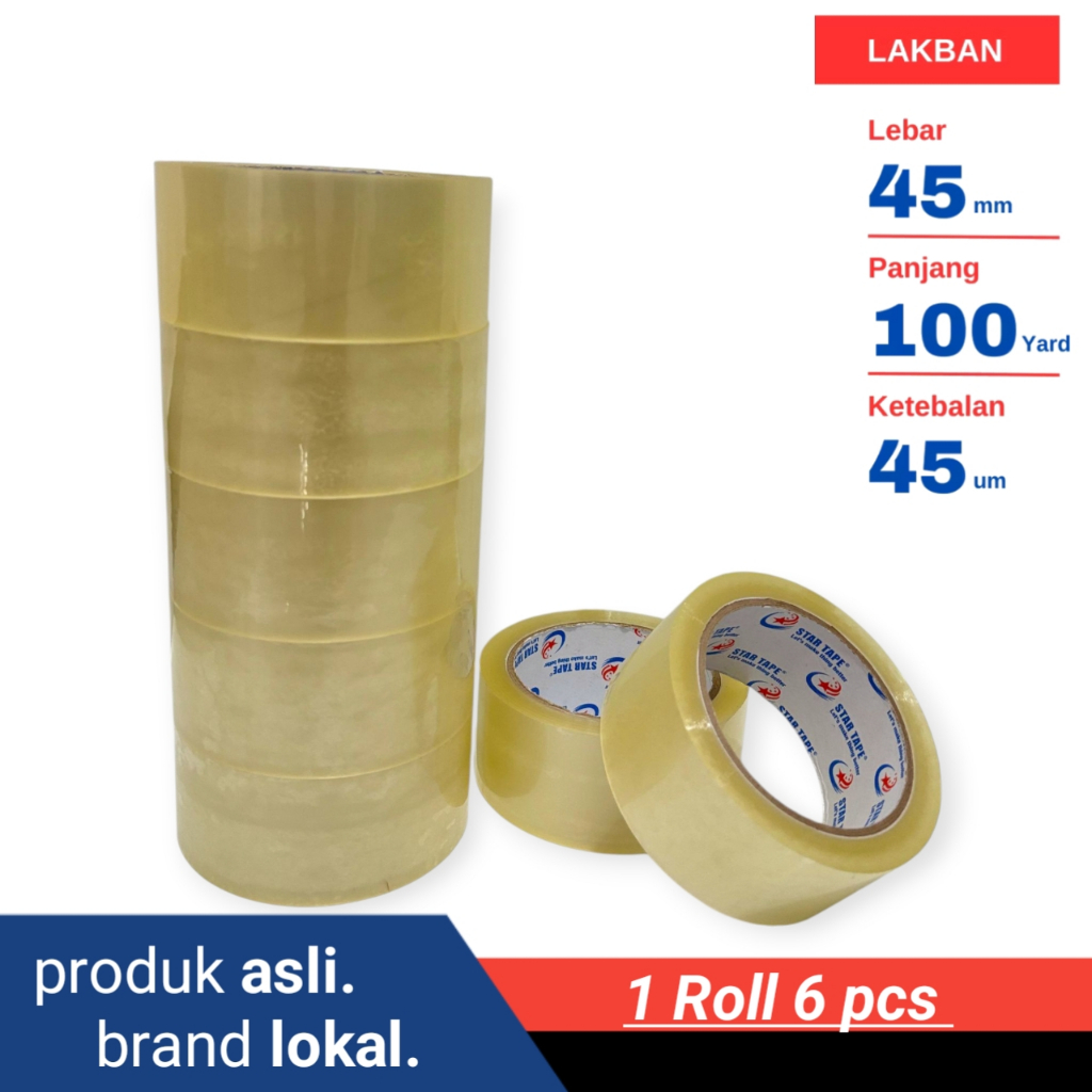 

Lakban Coklat Bening Ukuran 45 mm 100 Yard 1 Rol isi 6 pcs