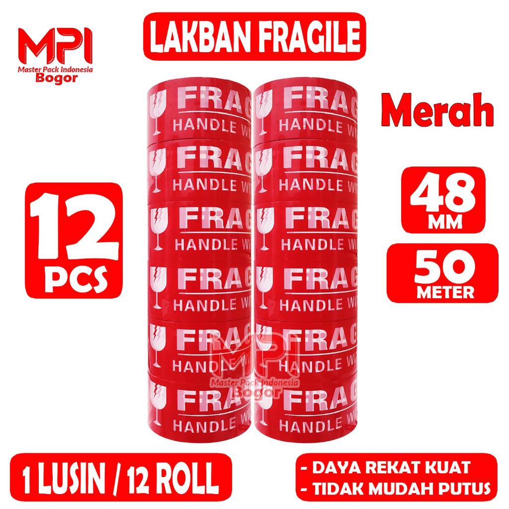 

1 LUSIN [ 12 PCS ] - Lakban Fragile Merah 48 mm x 50 yard - Handle With Care Jangan Di Banting / Lakban Fragile