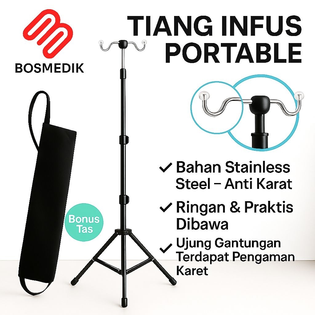 Tiang Infus BOSMEDIK Portable Bisa Dilipat Masuk Tas | Tinggi 210cm | Hanger Stainless Premium