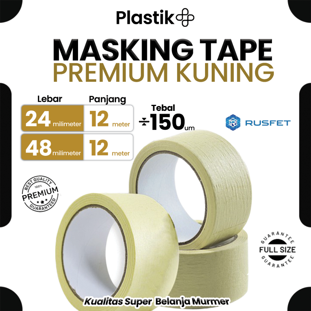 

Lakban Kertas Kuning / Masking Tape Isolasi Kertas / Selotip Kertas Merek Rusfet Murah Harga Satuan