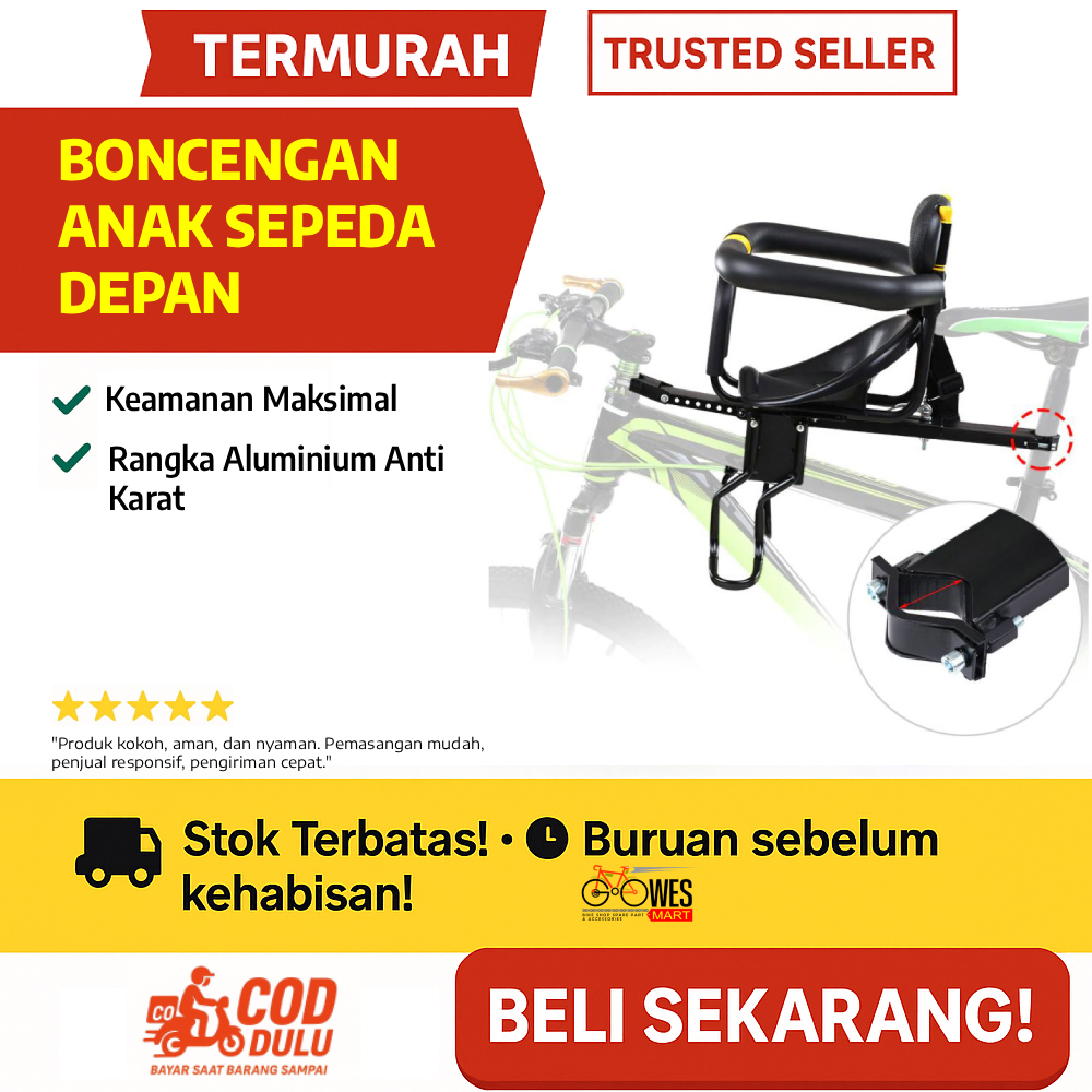 Boncengan Anak Sepeda Depan MTB & Lipat dengan Sabuk, Bar Pelindung & Rangka Aluminium Anti Karat