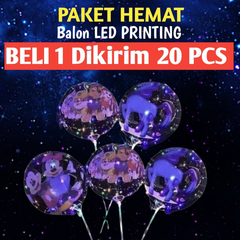 Paket Hemat 20 Pcs Balon LED Printing Karakter / Balon Lampu Transparan Mainan Anak