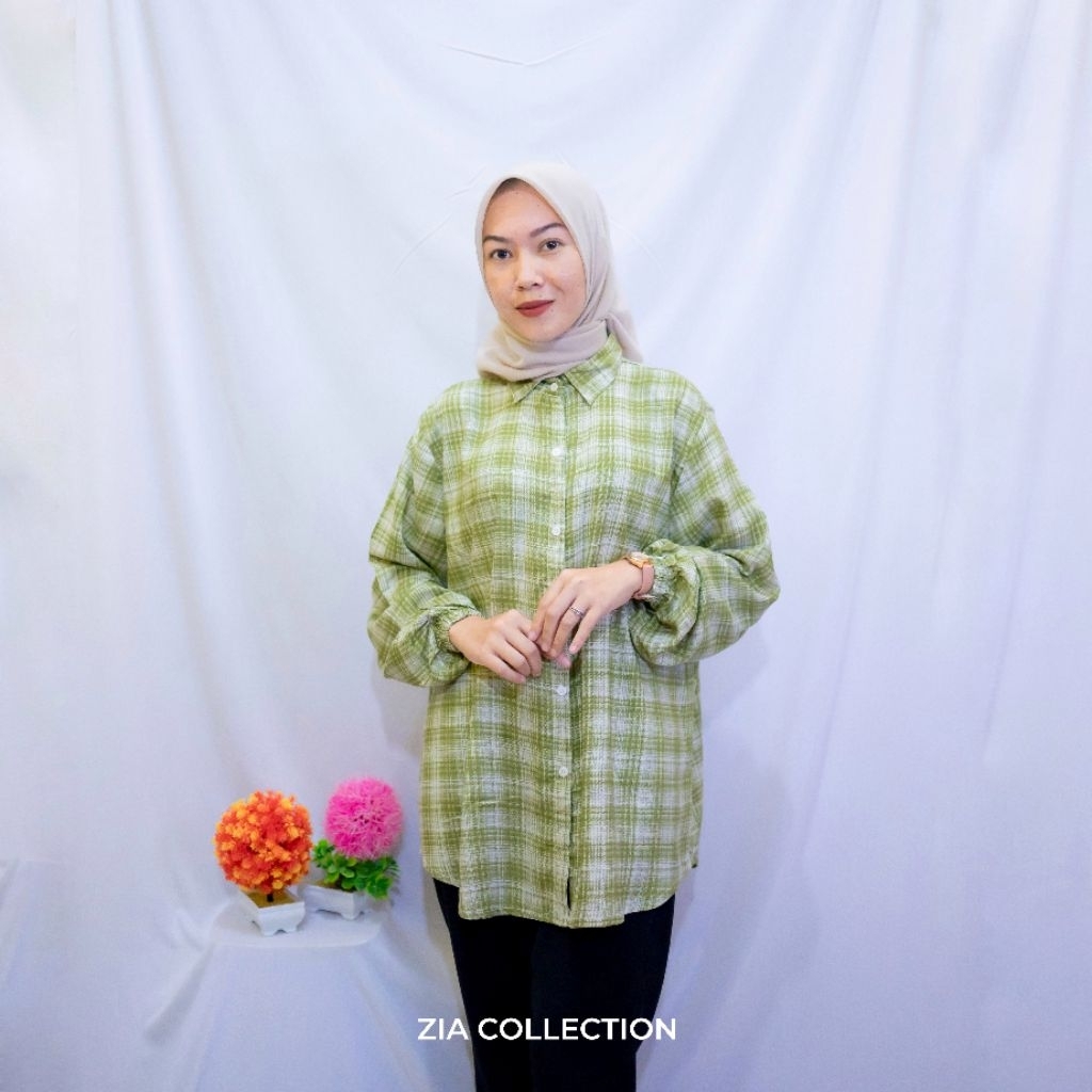 Kemeja & Blouse Wanita kotak - kotak Kemeja Oversize Lengan Balon Elegan Hijab Style