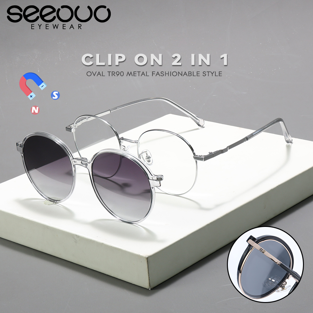 Seeouo Kacamata 2in1 Clip On Polarized UV Anti Silau Model Oval Bahan Metal+TR Fashion Stylish Bisa 