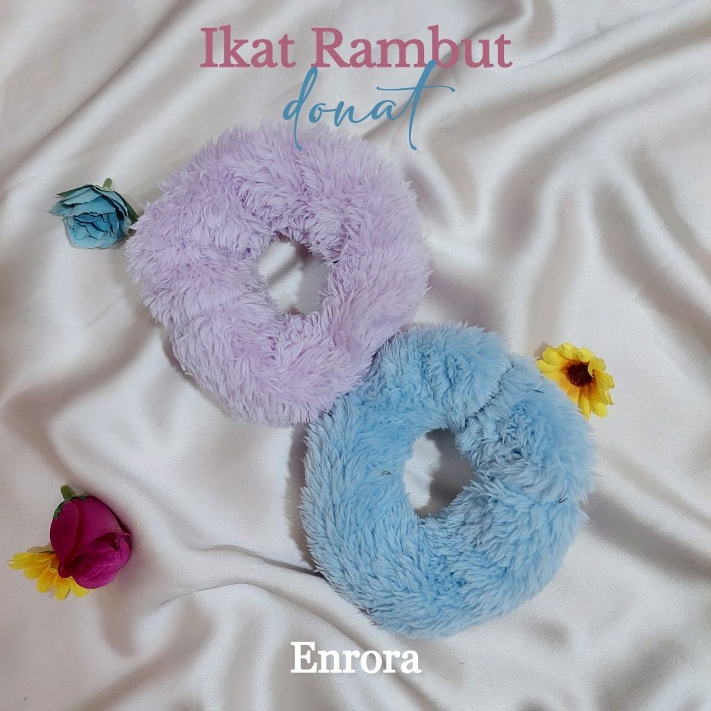 ENRORA - Ikat rambut donat jumbo, Ikat rambut bulu fluffy plush, Scrunchie donat tebal lucu