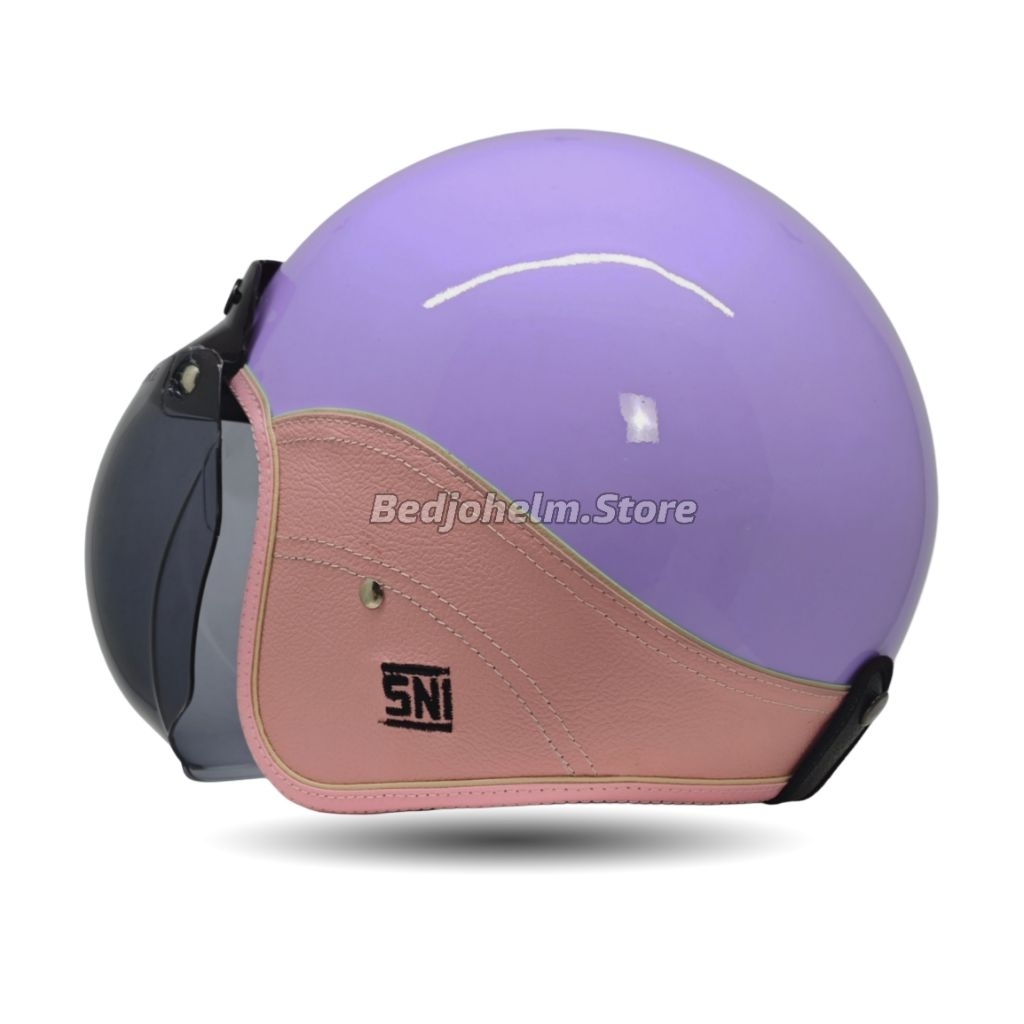 DISKON HELM BOGO SEMI KULIT PINK RETRO FULL LEHER SNI BUSA COKLAT