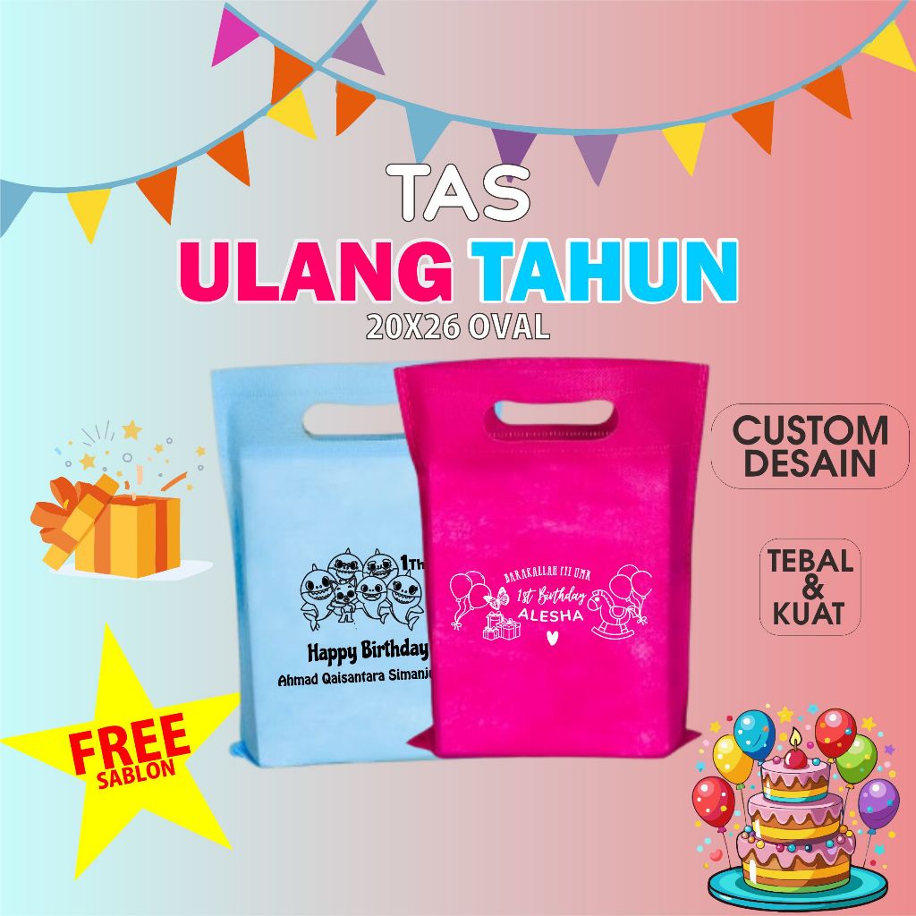 

Tas Spunbond Goodie Bag Ultah Ukuran 20x26 Oval / Ulang Tahun / Ready Stok Bingkisan Souvenir Anak