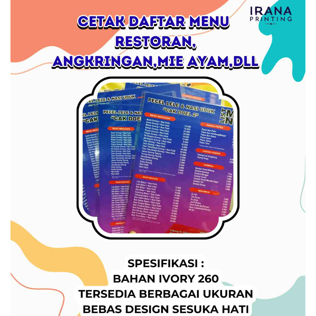 

Cetak Daftar Menu Makanan – Ukuran A4 & A3, Desain Custom untuk Restoran, Cafe, dan Catering