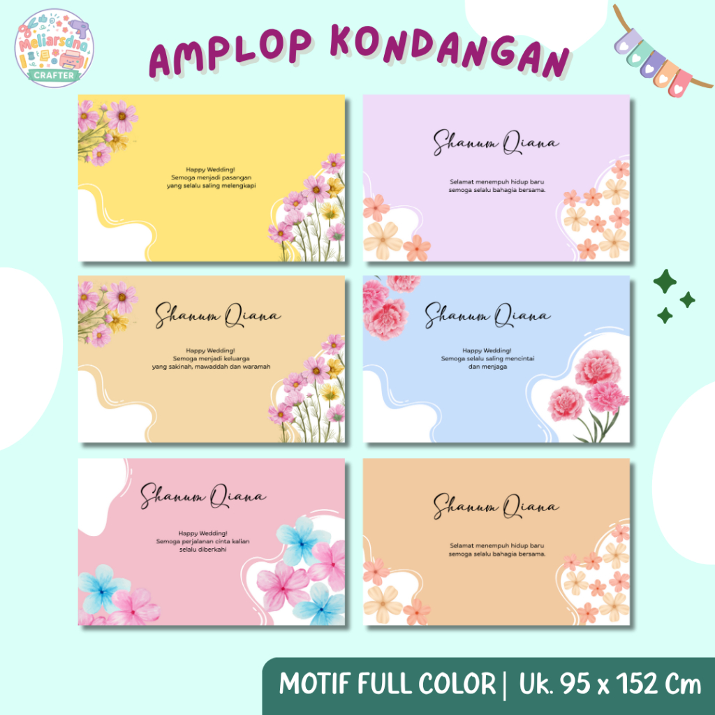 

meliarsdna.craft〡Amplop Kondangan 25 Pcs Custom Tulisan Nama〡Motif Full Color〡Ukuran 95 x 152 cm