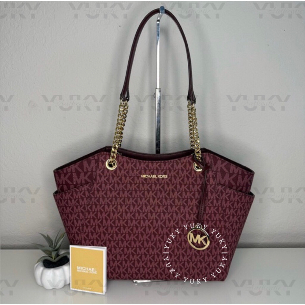 Tas Wanita Branded MICH*EL KO*S MK Jet Set Travel Chain Tote Maroon 100% Original