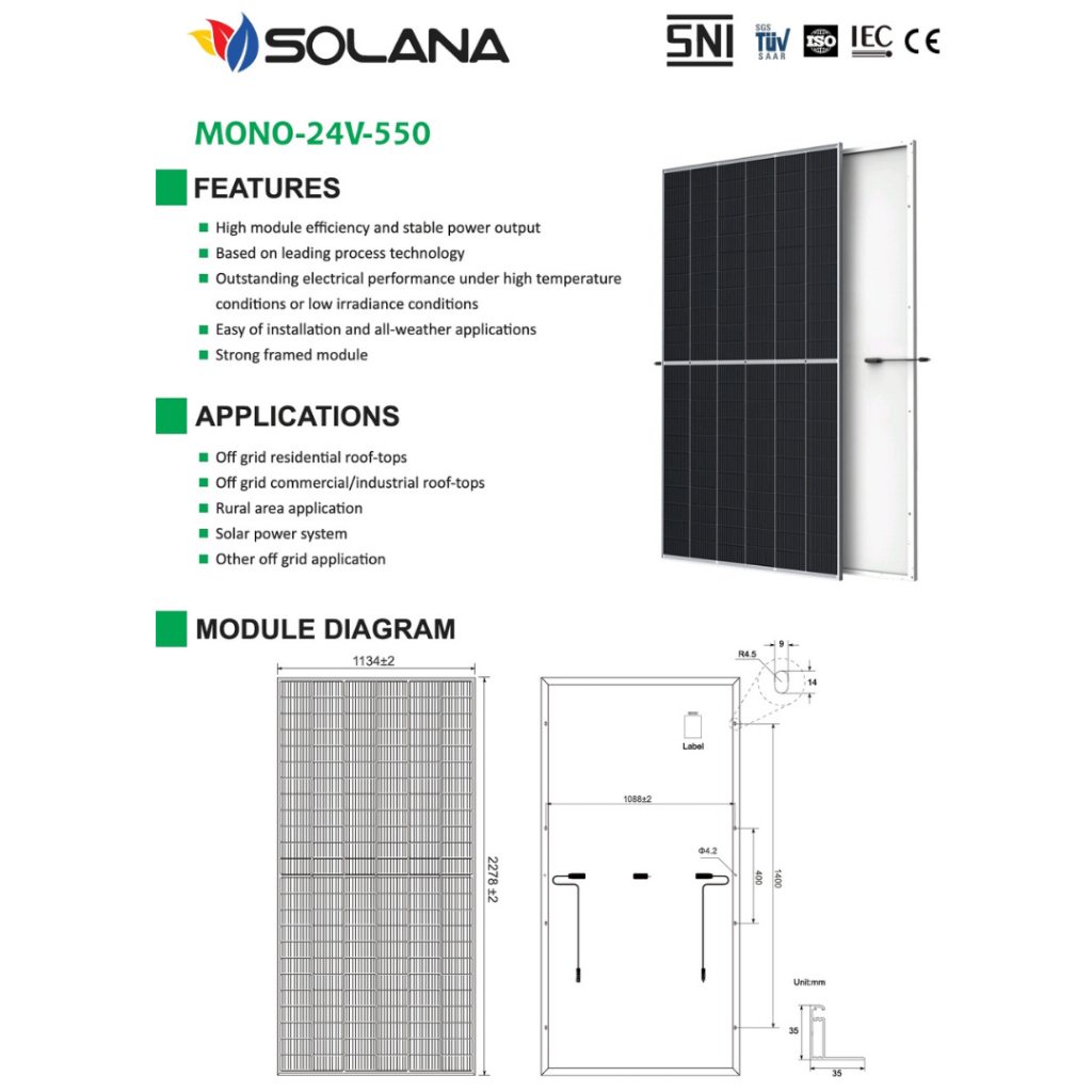 Solana Solar Panel 550WP Monocrystalline / Panel Surya PV 550WP