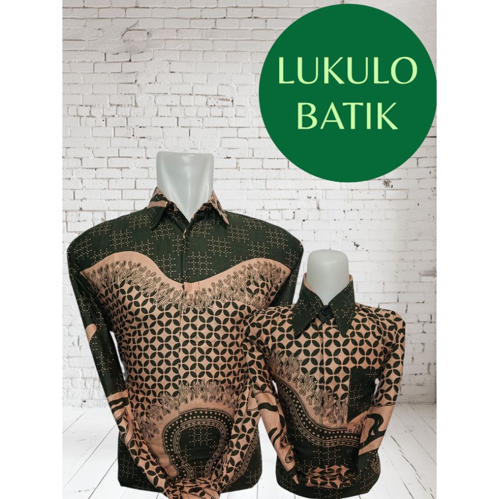 KEMEJA BATIK HIJAU BOTOL MEWAH COUPLE AYAH DAN ANAK MOTIF CK HIJAU BOTOL CREAM TERBARU BAHAN KATUN P