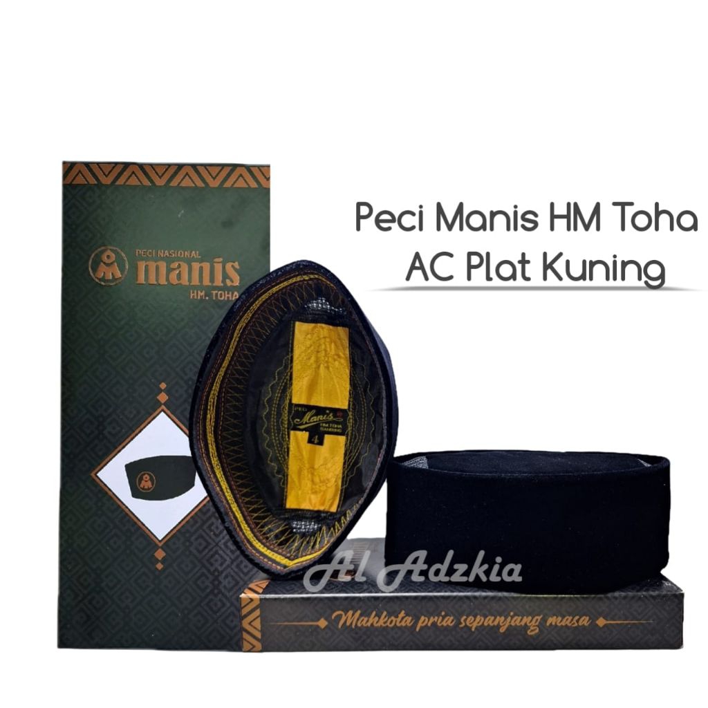 Manis HM Toha Peci Songkok Hitam Polos Motif AC Plat Kuning Kopiah Tanpa Kertas