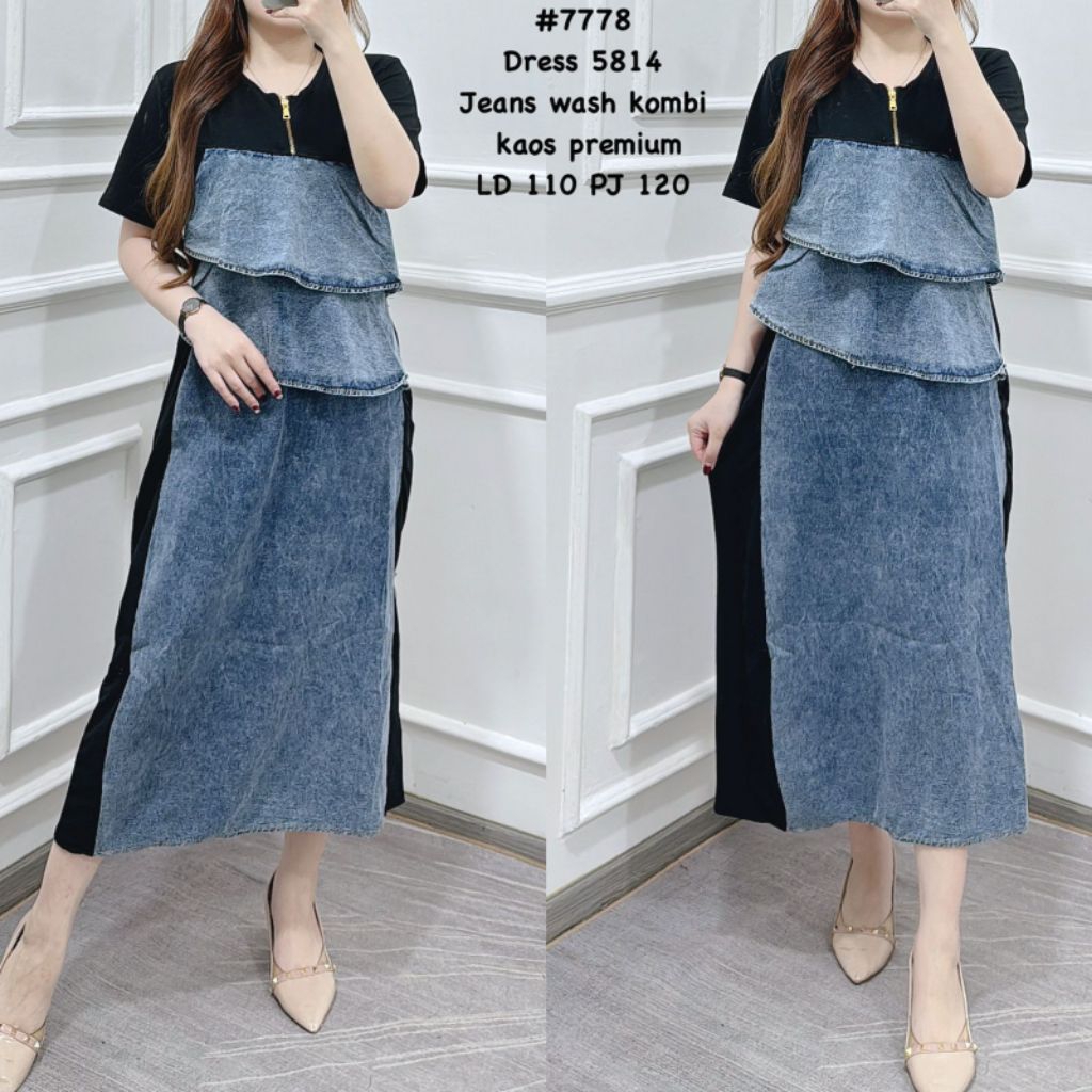 Dress Wanita sleting jeans Kombi kaos 7778