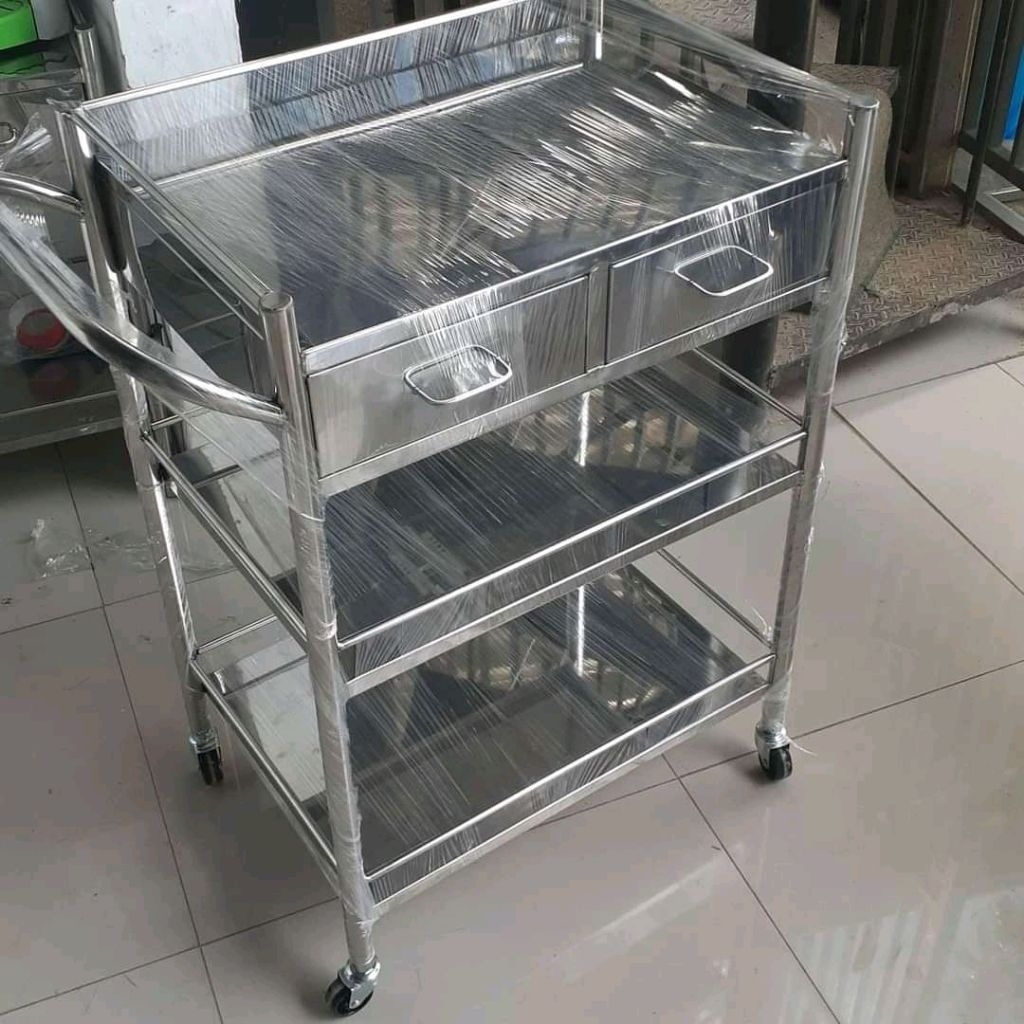 Trolley instrumen 3 rak laci stainless - meja instrumen - troli stainless - troli medis - troley mej