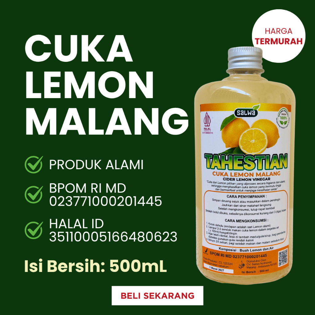 

Cuka Lemon Malang Tahestian 500ml with Mother Tanpa Proses Pemasakan Kemasan Aman Bubble Wrap Halal BPOM