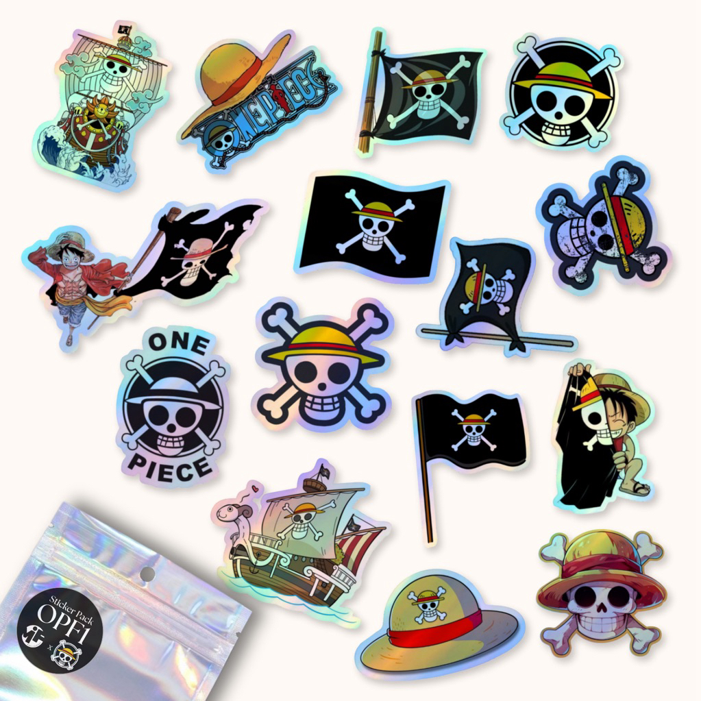 

[1 Pack] Sticker Hologram One Piece Premium Laminasi , Stiker Hologram Bendera Logo One Piece Bajak Laut Isi Banyak Dekorasi Laptop Tumblr Gitar