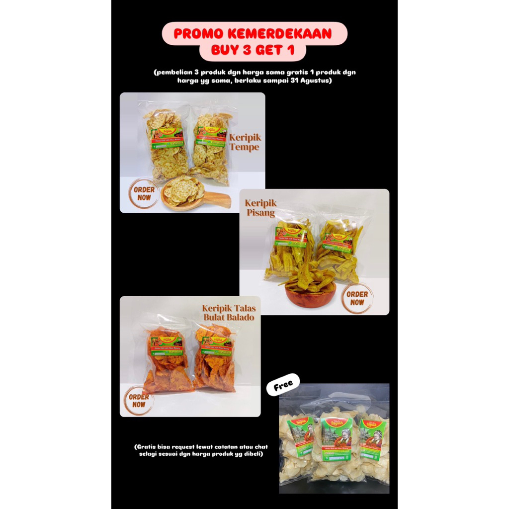 

(PROMO PAKET KEMERDEKAAN PRODUK Harga 12.000) Keripik tempe, Keripik pisang, Keripik talas bulat balado, Keripik Usaha Inyak