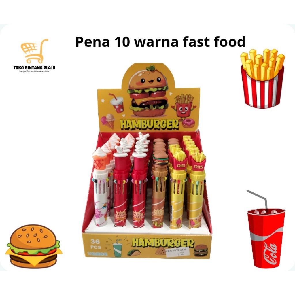 

1PCS PULPEN 10 WARNA FAST FOOD PENA BURGER COLA ICE CREAM