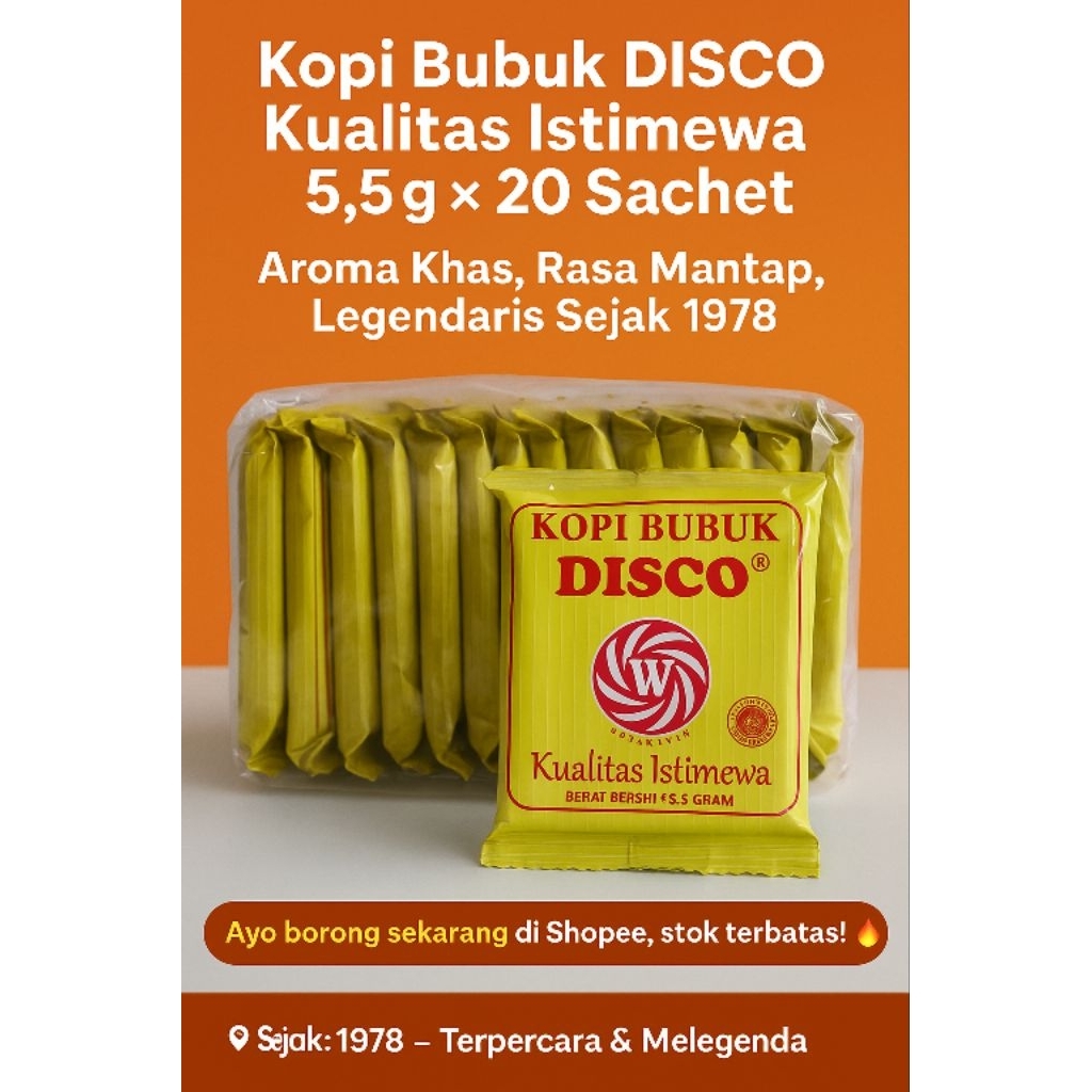 

Kopi Bubuk DISCO Kualitas Istimewa 5,5g × 20 Sachet - Aroma Khas, Rasa Mantap, Legendaris Sejak 1978