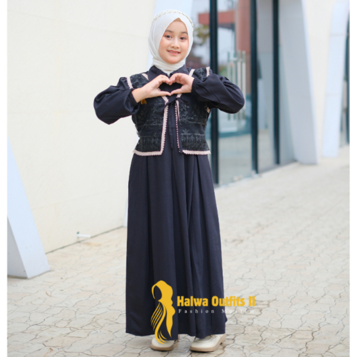 Halwa Dress Gamis Anak Perempuan Rayon Twill Gamis Model Terbaru Mix Tille Mutiara Kekinian 2025