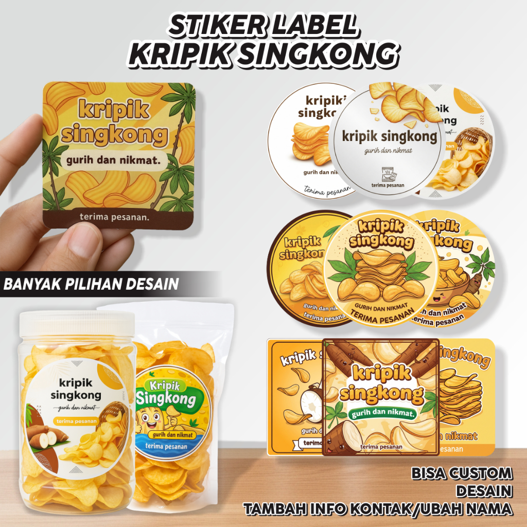 

READY STIKER LABEL KRIPIK SINGKONG-STIKER LABEL KEMASAN MAKANAN BISA CUSTOM NAMA/BRAND