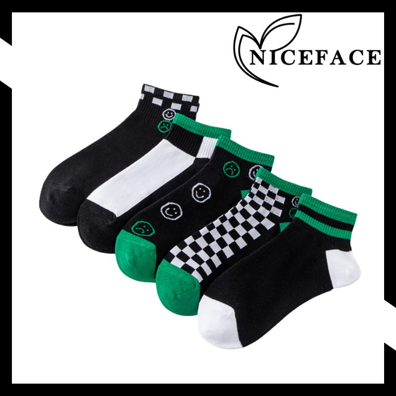 NICEFACE - Kaos Kaki Wanita Pria Pendek Unisex Semata Mata Kaki Ankle Motif Kotak-Kotak Hijau Hitam