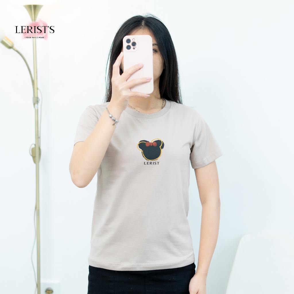 Oneck Minnie Lerist- Atasan wanita kaos katun kekinian leher bulat motif kartun cotton combed 30s pr