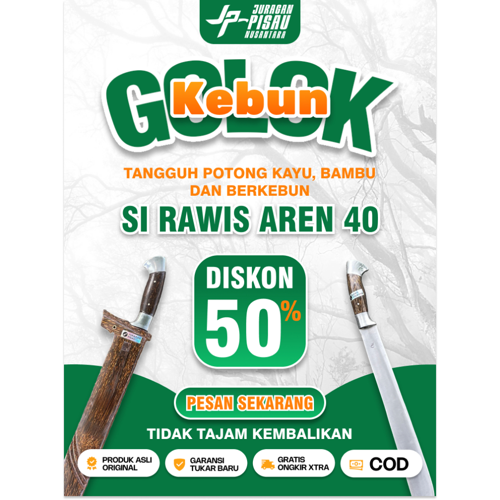 Golok Kebun Panjang 40cm Sarung Kayu Aren | Golok Tajam Berkebun Baja Sup9 | Juragan Pisau Nusantara