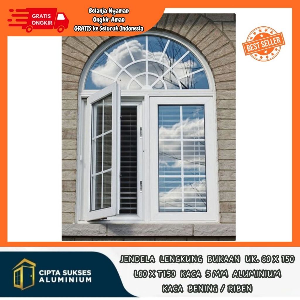 jendela lengkung bukaan kiri kanan aluminium ukuran 80x150 kusen putih FREE PALET KAYU terbaru csa b