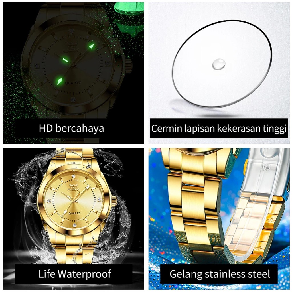 original jam tangan opk wanita anti air original stainless steel bercahaya emas terbaru fashion