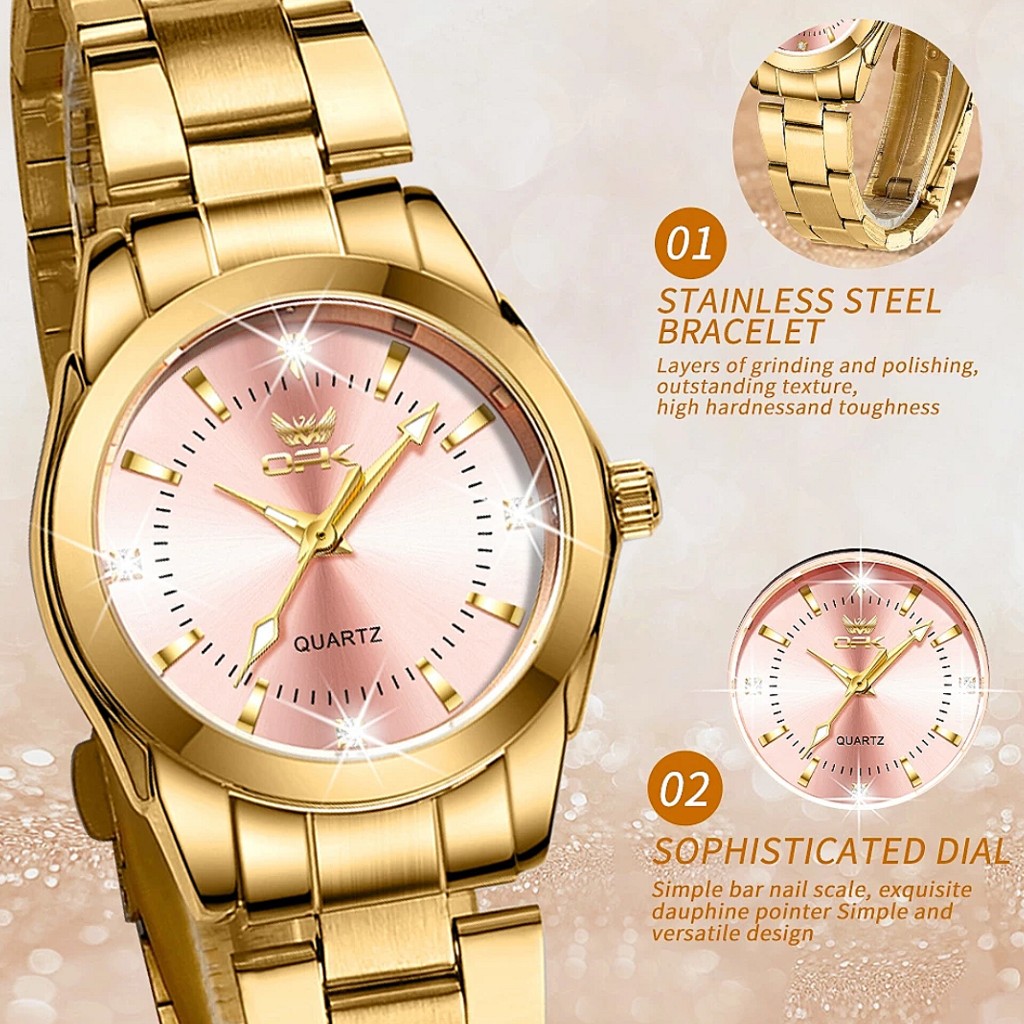 TERLARIS JAM TANGAN OPK WANITA ANTI AIR ORIGINAL STAINLESS STEEL BERCAHAYA EMAS TERBARU FASHION