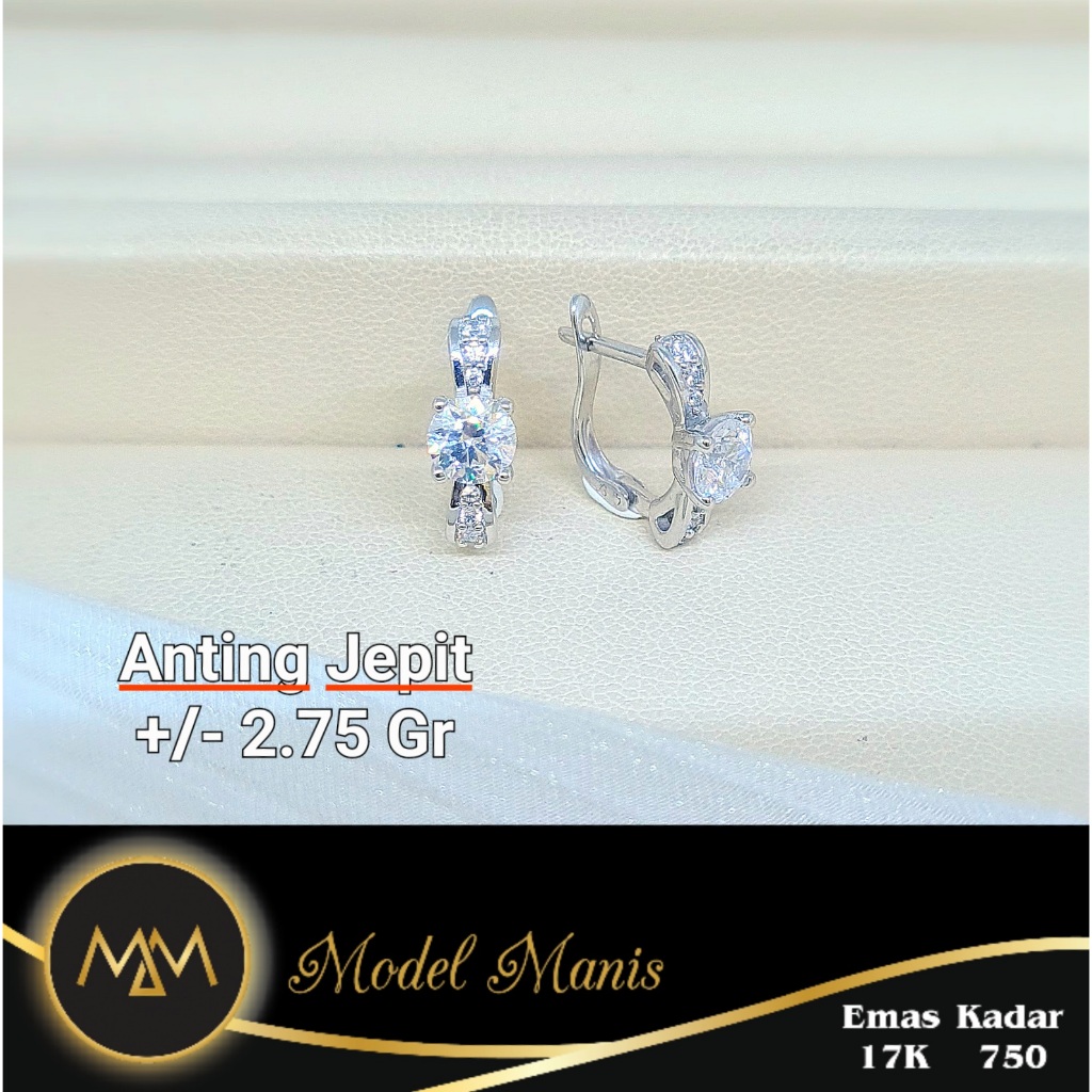 Model Manis Gold - Anting Jepit Solitaire Pita Putih - Emas 17k  750