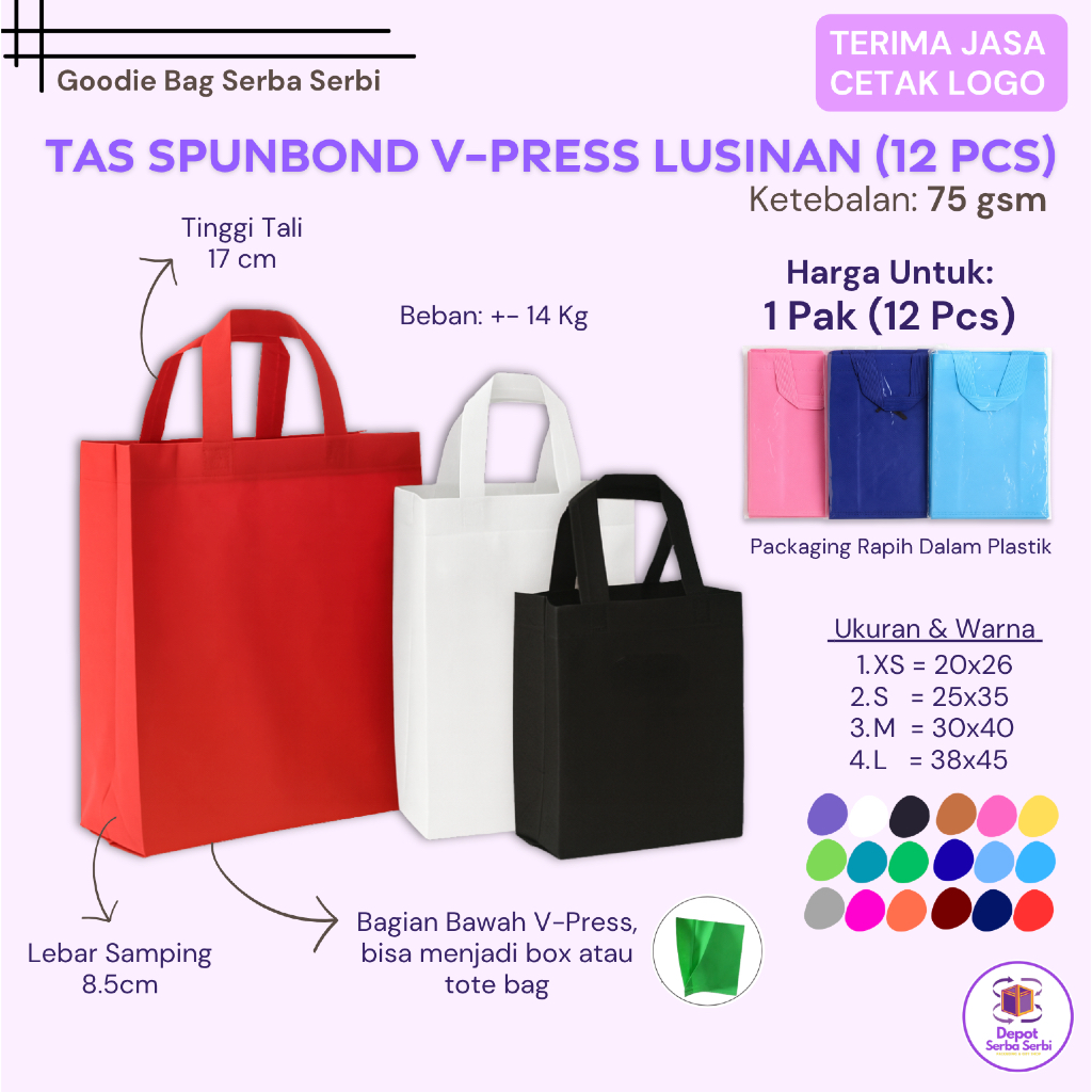 

[ 12 Pcs ] Tas Spunbond Handle 75gsm Lusinan Goodie Bag Cetak Logo Seminar 20x26 25x35 30x40 38x45
