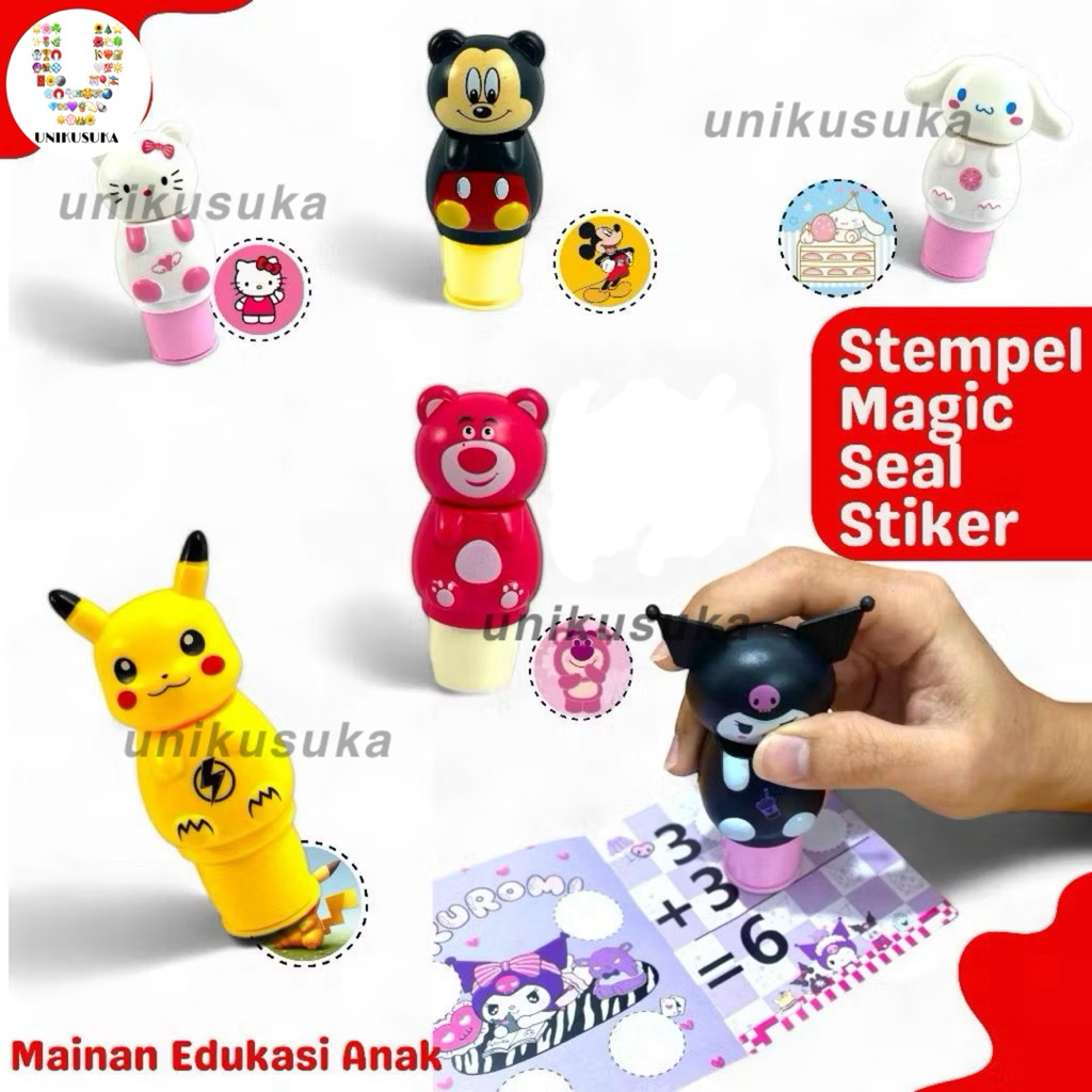 

[UNIKUSUKA] Mainan Edukasi Karakter unik, Stamp Stempel stiker Magic Seal untuk anak, Buku stiker stempel kartun