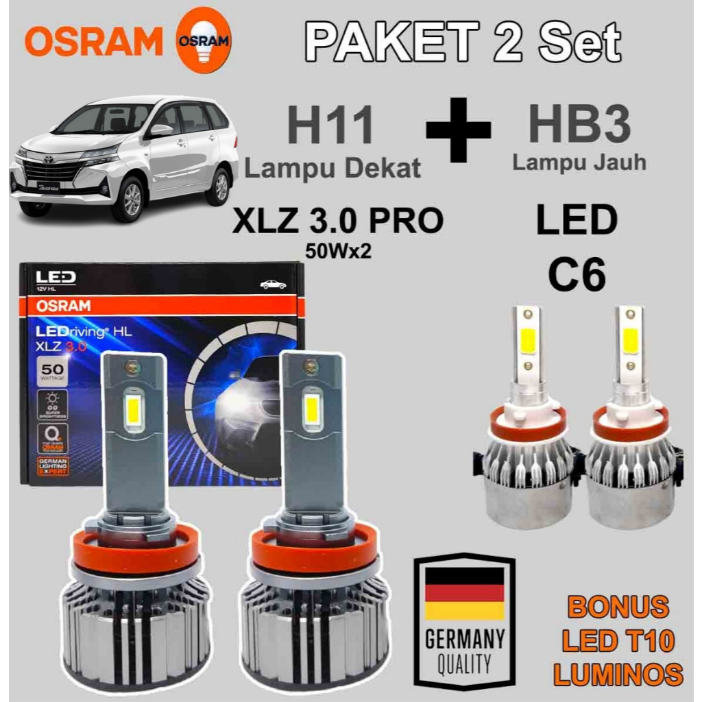 Paket Lampu LED All New Avanza H11 OSRAM XLZ 3.0 100 Watt + LED C6 HB3 9005 6000K