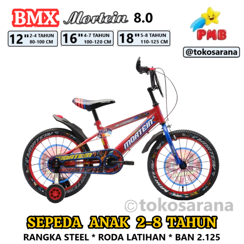 PMB Mortein Sepeda BMX MN80 12 16 18 inci Anak Laki-Laki Umur 2-8 Tahun Rangka Steel Roda Bantu