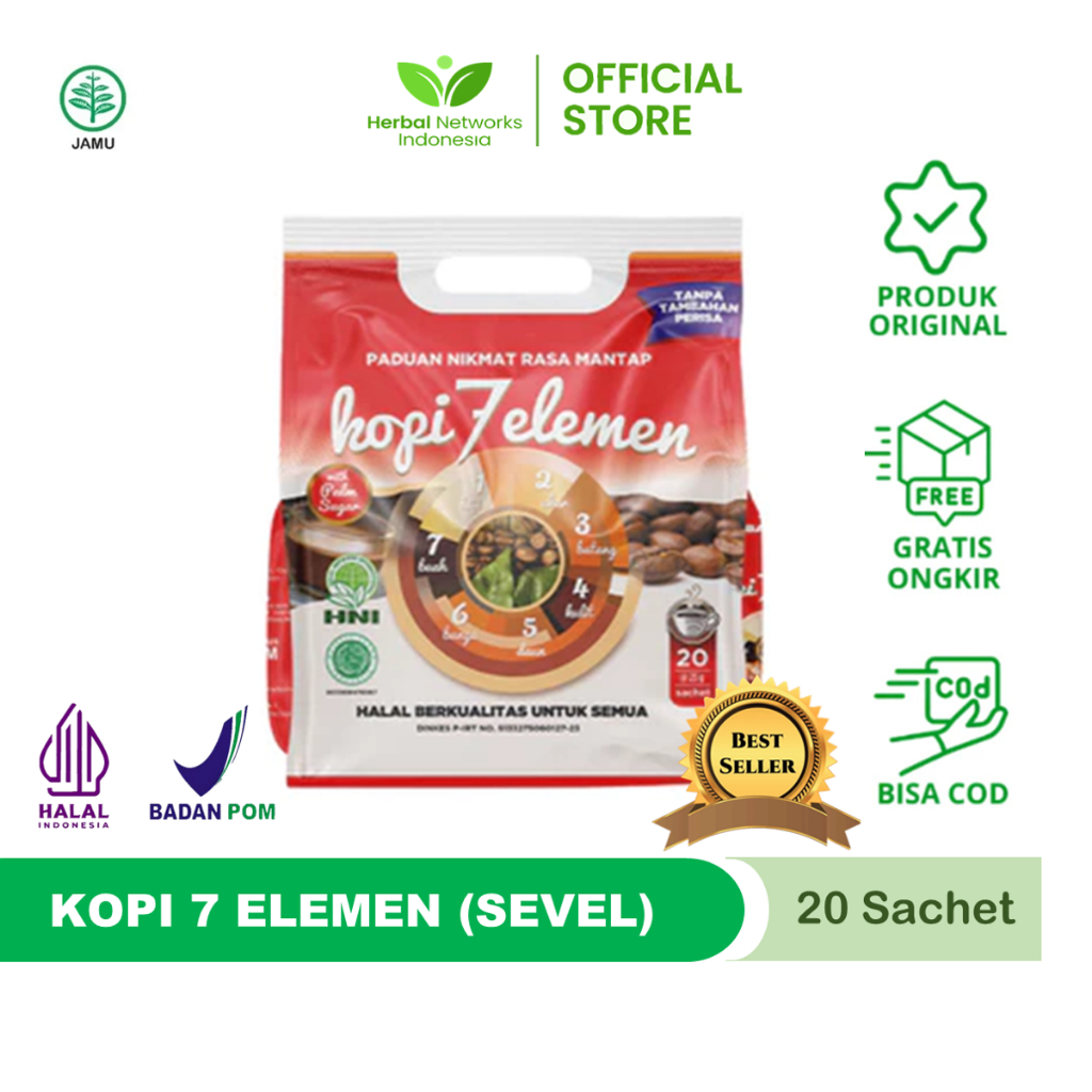 

KOPI 7 ELEMEN ORIGINAL Kaya Rempah Rempah / Kopi Herbal Jamu / Kopi Sevel - HNI BPOM (ISI 20 Sachet)